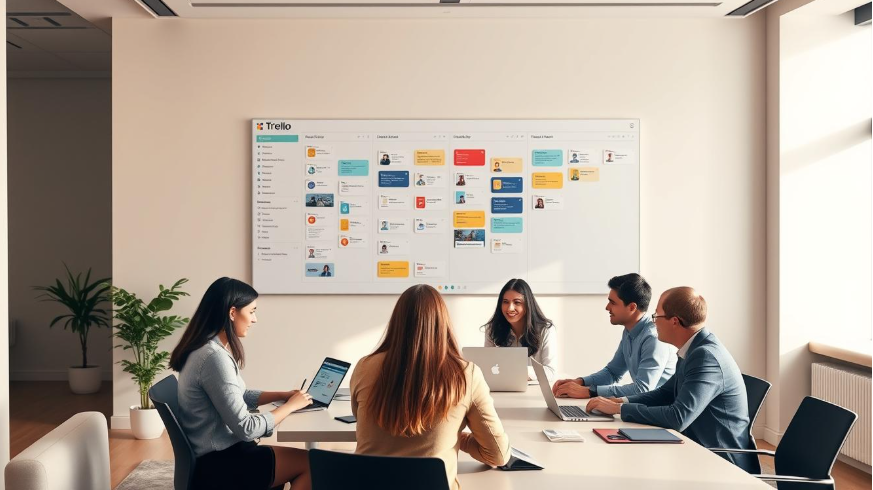 Team collaborating on best product management software 2025 using Kanban board