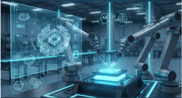 Create a modern and futuristic blog featured image about "Repmold manufacturing technology". Show a blend of digital 3D design screens, robotic arms, and a glowing mold process in the background. Use a high-tech factory setting with blue and metallic tones, symbolizing innovation, speed, and sustainability. Add subtle futuristic icons like AI, gears, and eco-friendly symbols. The design should be clean, minimal, and professional, optimized as a blog header image.